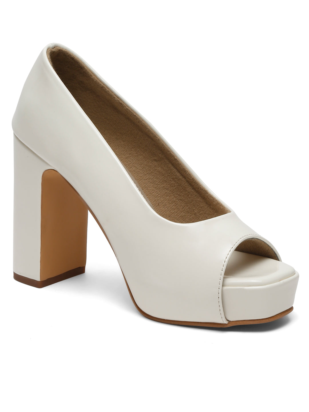 Women's Peep-Toe beige block heels | Elegant High Heels for women by Flat n Heels