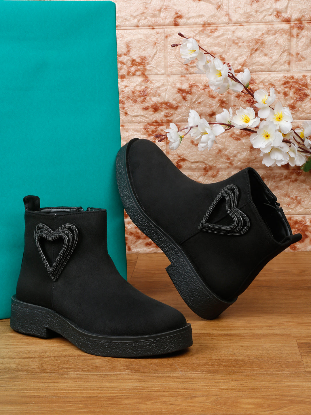 Heart Ancle black embellished boots – Trendy & Comfortable Black Boots
