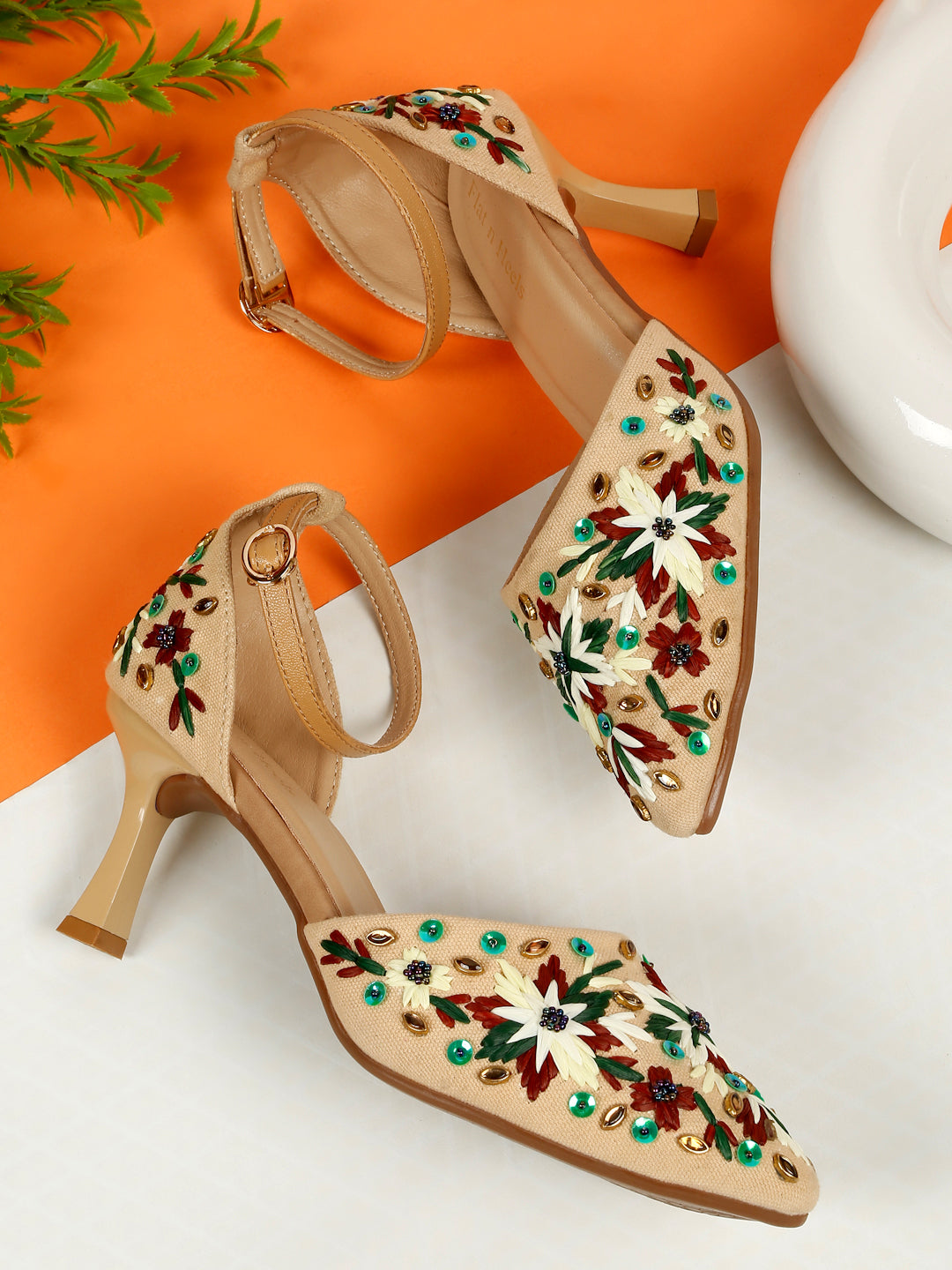 Embroidered Kitten Heels
