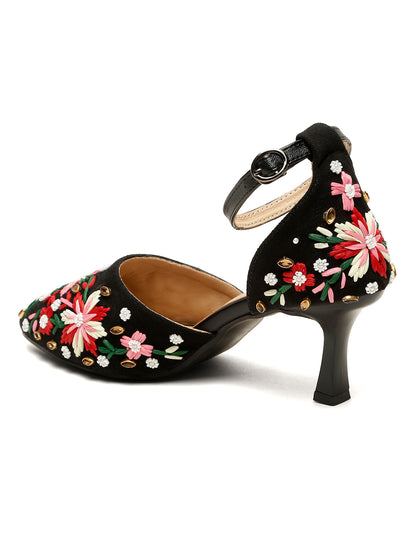 Embroidered Kitten Heels
