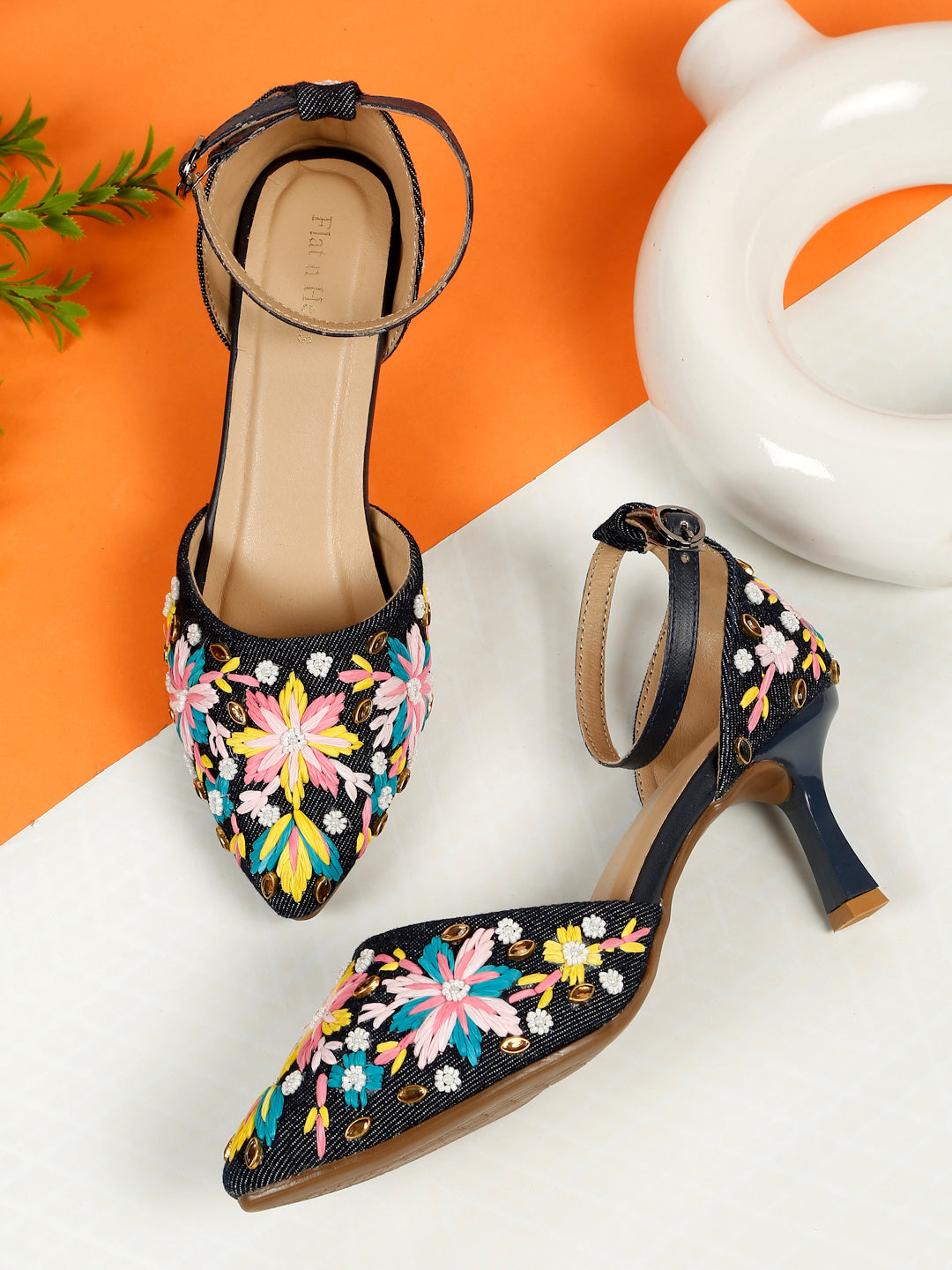 Blue Floral Kitten Heels