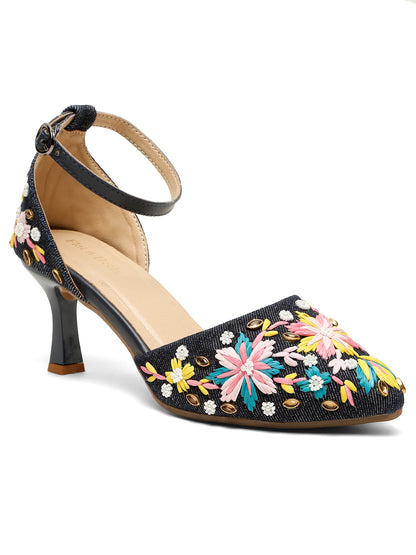Blue Floral Kitten Heels