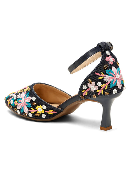 Blue Floral Kitten Heels