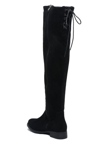 Women's Black Suede Boots Over-the-Knee - Flat Heel with Zipper | FLAT N HEELS