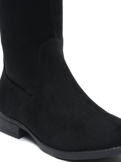 Women's Black Suede Boots Over-the-Knee - Flat Heel with Zipper | FLAT N HEELS