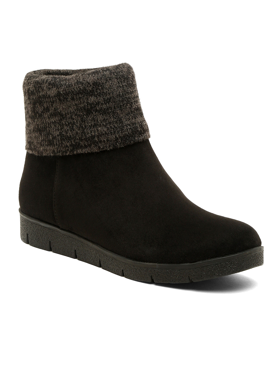Cozy Black Ankle Boots with Folded Knit Cuff – Warm & Stylish