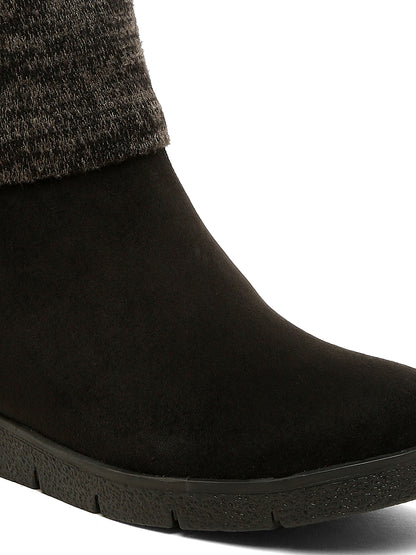 Cozy Black Ankle Boots with Folded Knit Cuff – Warm & Stylish