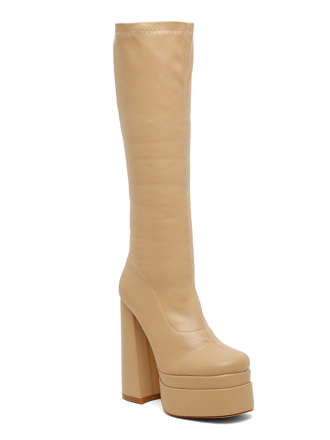 Stylish Beige Platform Knee-High Boots-Flat N Heels