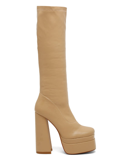 Stylish Beige Platform Knee-High Boots-Flat N Heels