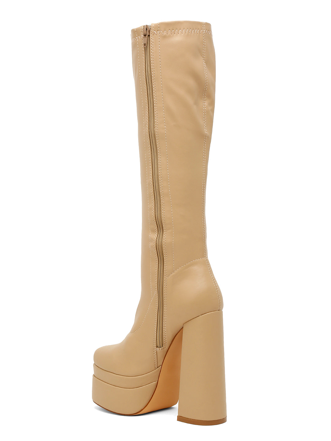 Stylish Beige Platform Knee-High Boots-Flat N Heels
