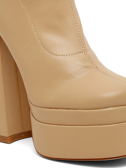 Stylish Beige Platform Knee-High Boots-Flat N Heels