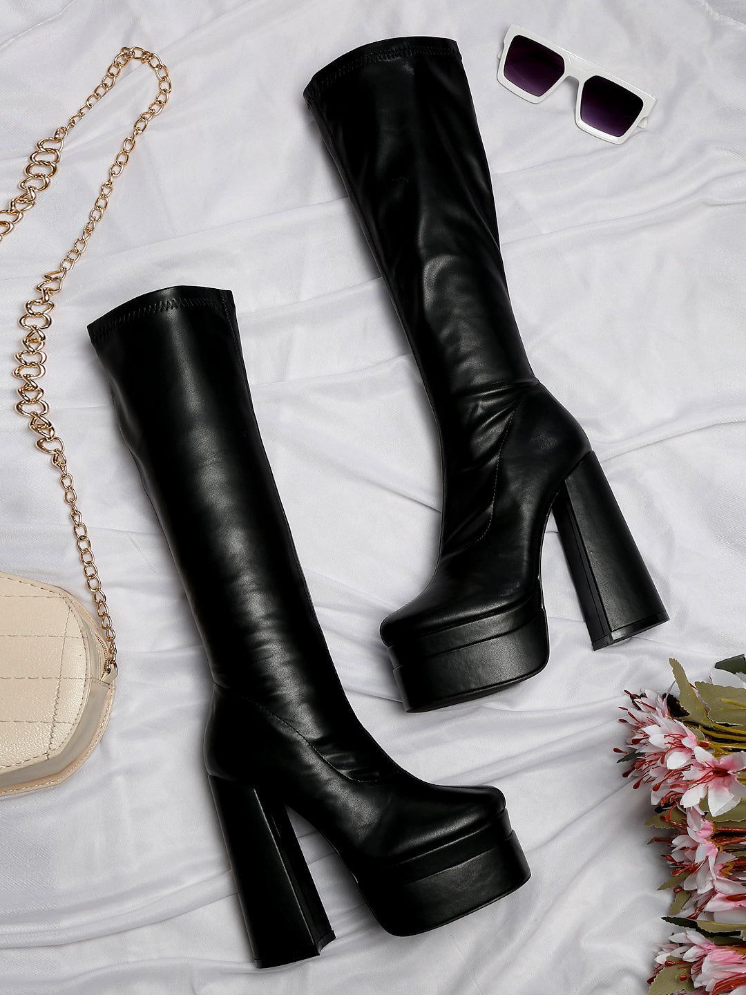 Stylish Beige Platform Knee-High Boots-Flat N Heels