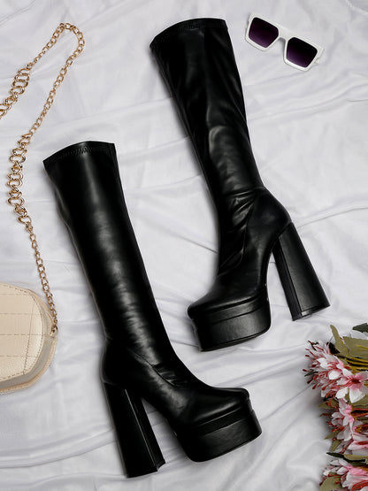 Stylish Beige Platform Knee-High Boots-Flat N Heels