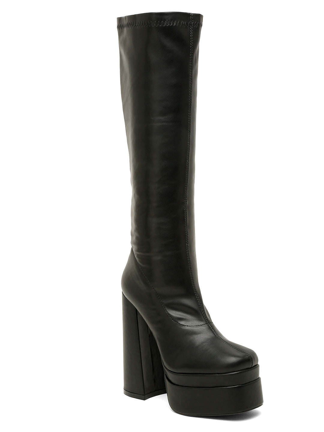Stylish Beige Platform Knee-High Boots-Flat N Heels