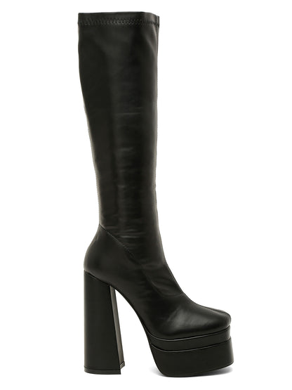 Stylish Beige Platform Knee-High Boots-Flat N Heels