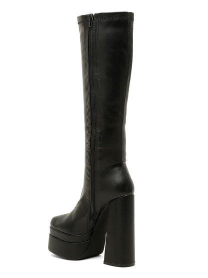 Stylish Beige Platform Knee-High Boots-Flat N Heels