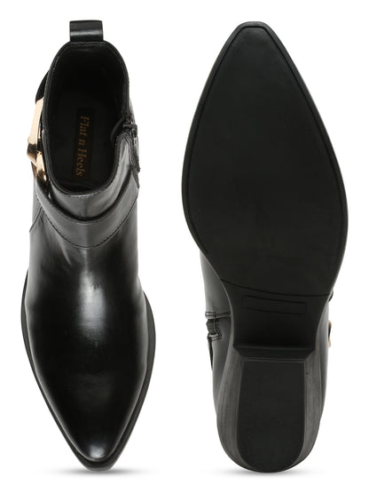 Black Ankle Boots with Gold Chain Detail and Block Heel - Stylish Faux Leather Finish